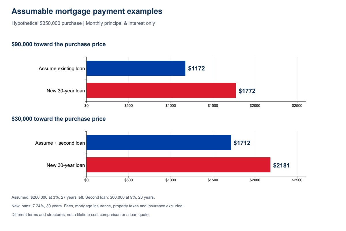 Principal and interest examples: $1,172 assumed versus $1,772 new with $90,000 toward price; $1,712 with an assumption plus a second loan versus $2,181 new with $30,000 toward price.