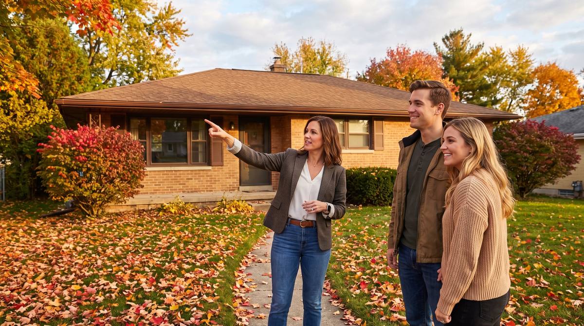 Real estate agent showing a young couple a brick ranch home in Oakland County, Michigan during a first-time home search in fall