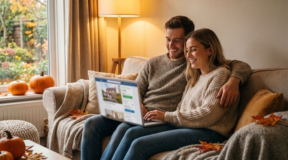Couple browsing home listings on a laptop, showing how buyers search by price range and monthly payment