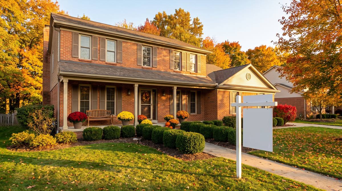 Brick colonial home with a covered porch, autumn mums, and a blank yard sign, ready to list for sale in Farmington Hills, Michigan