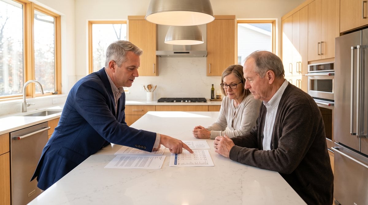 Real estate agent pointing to recent comparable home sales while reviewing them with a homeowner couple at their kitchen island in Farmington Hills, Michigan