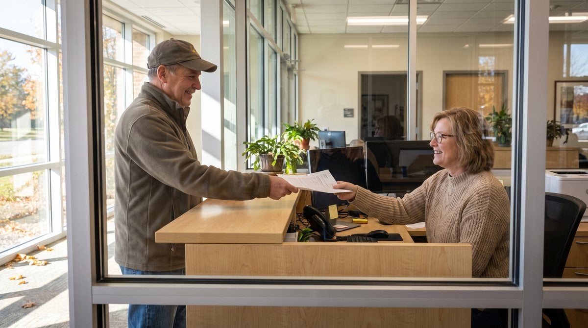 Homeowner handing a homestead exemption form across the counter to a clerk at a local assessor’s office in autumn