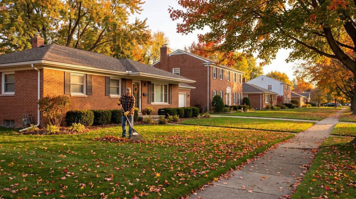 Homeowner raking autumn leaves in front of a brick ranch home on a tree-lined street of brick homes in Oakland County, Michigan