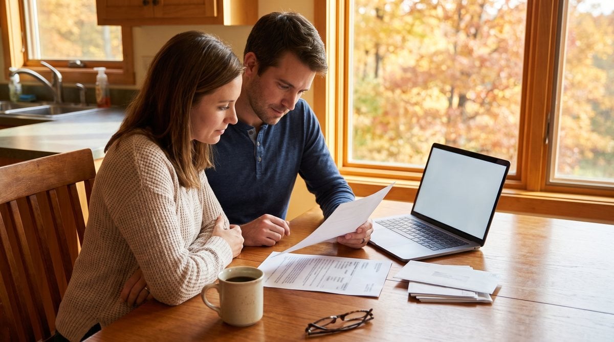 Couple reviewing a property tax document at their kitchen table with a laptop and mail to file Michigan’s principal residence exemption in Oakland County