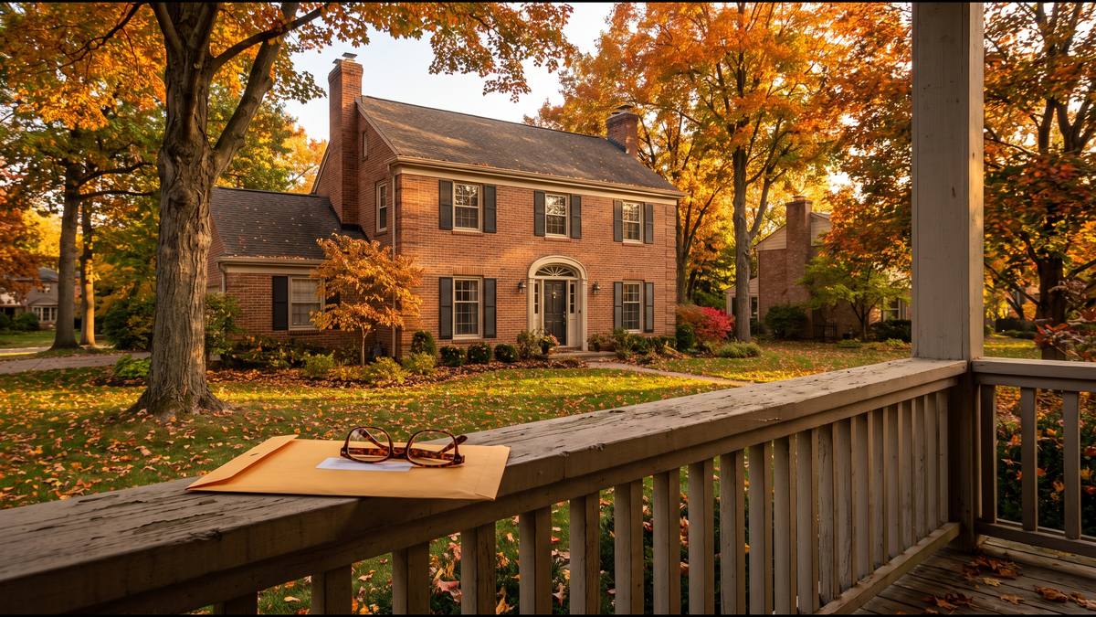 Brick colonial home in Oakland County, Michigan, with a property tax bill on the porch railing, illustrating the proposal to end the pop-up tax
