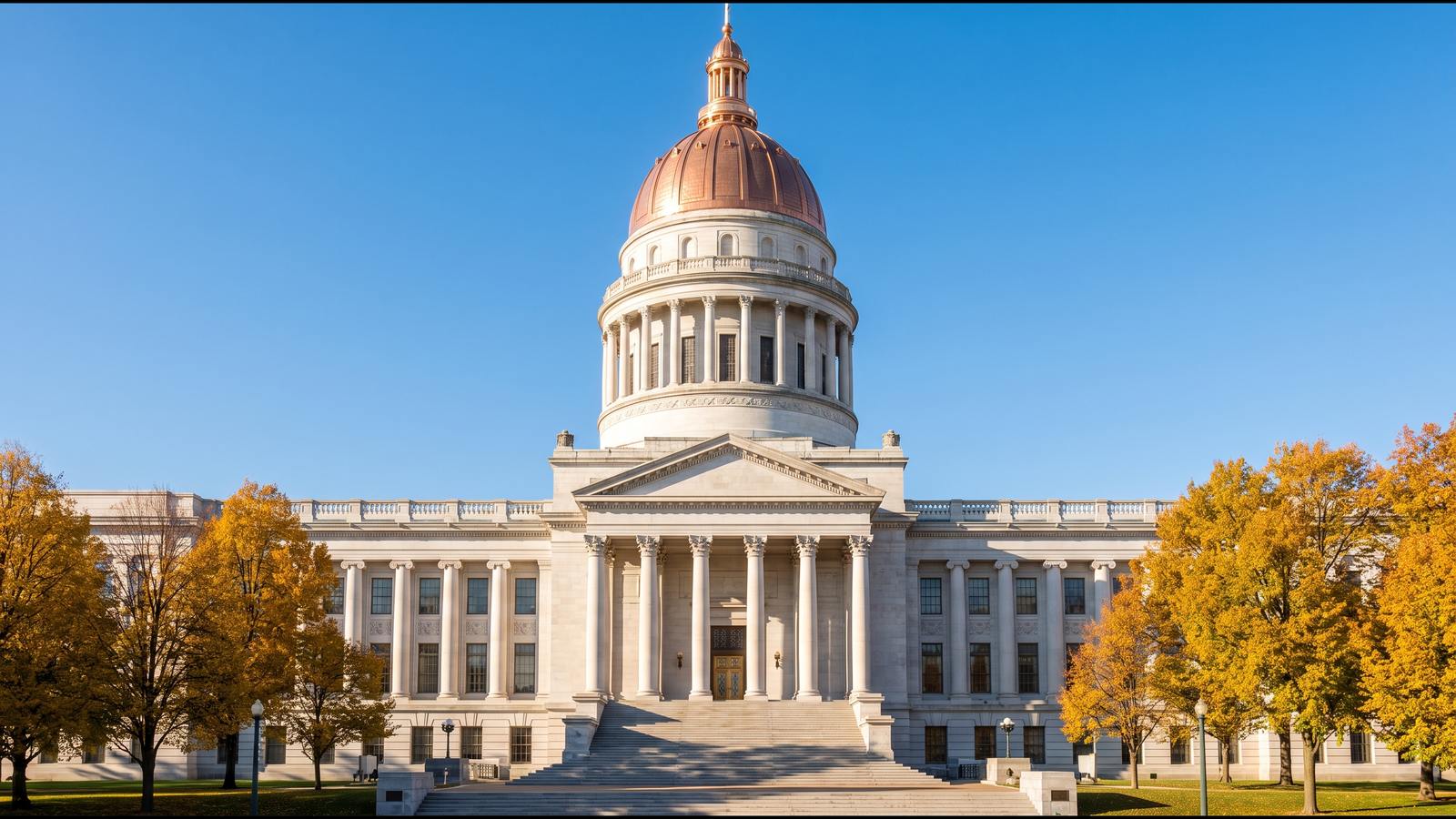 State capitol building with a central dome under a clear autumn sky, representing Michigan property tax legislation in Lansing