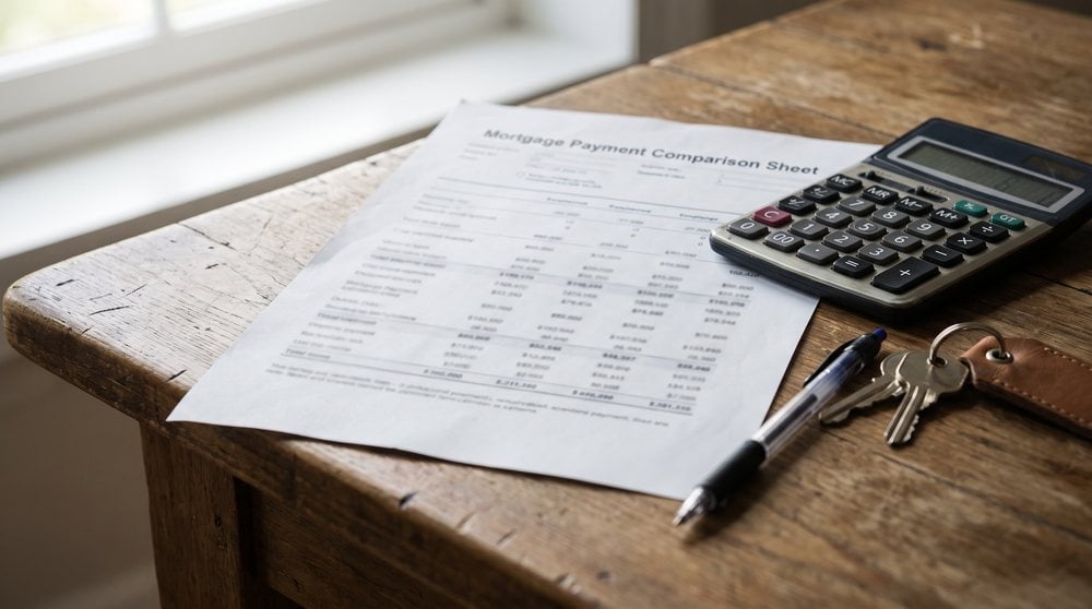 Mortgage payment comparison sheet with a calculator and house keys, showing how higher rates change the monthly payment