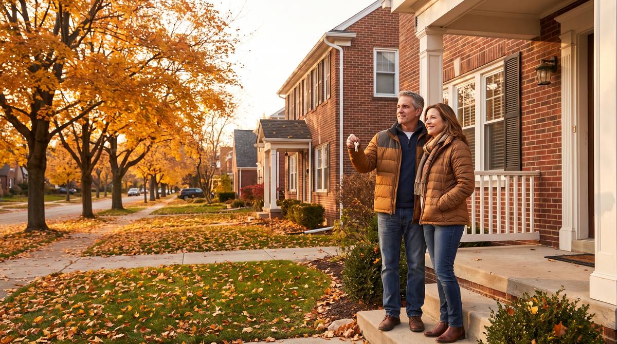 Smiling couple holding up house keys outside their brick colonial home on a tree-lined Oakland County, Michigan street in autumn