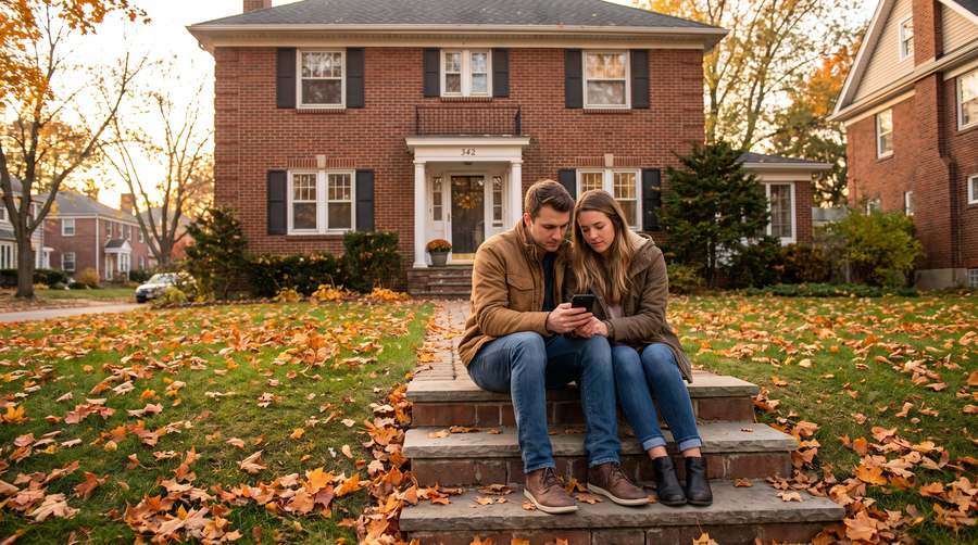 Couple sitting on the front steps of a brick colonial home in fall, reviewing mortgage options on a phone in Oakland County, Michigan
