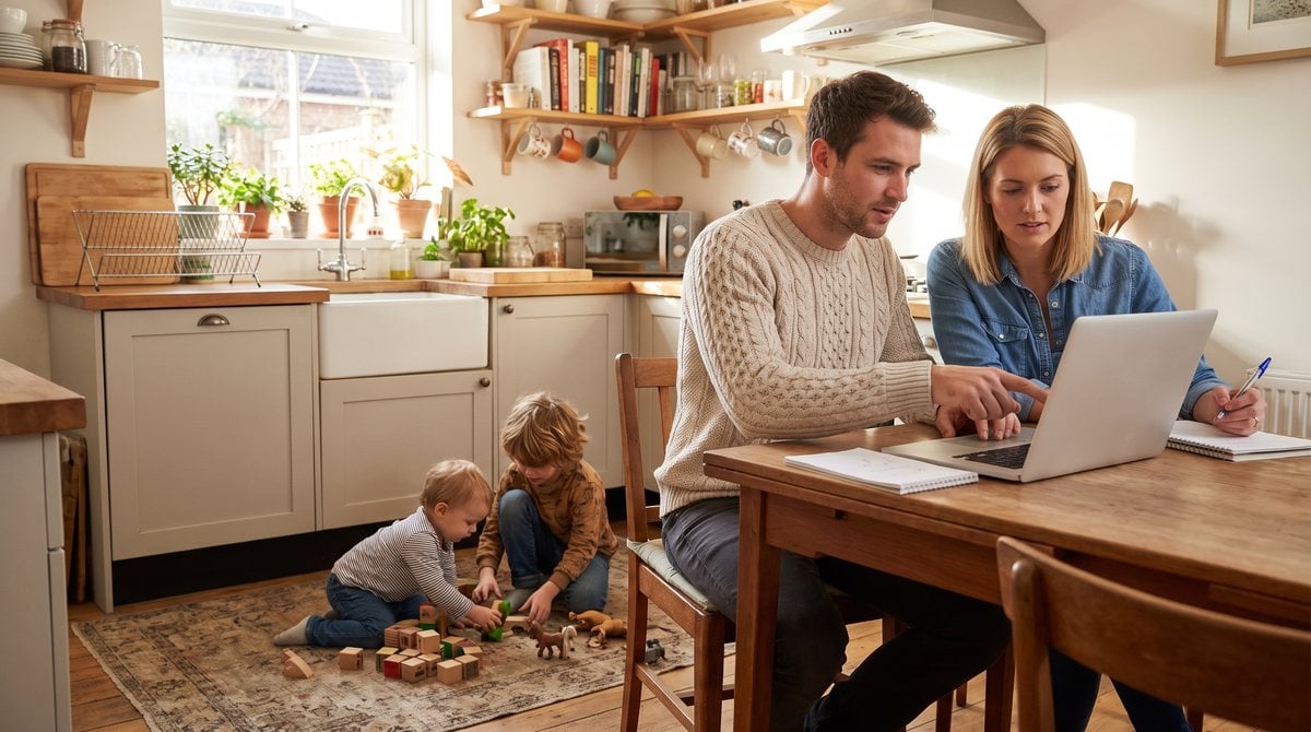 Parents reviewing mortgage numbers on a laptop at their kitchen table while their two young children play with wooden blocks nearby