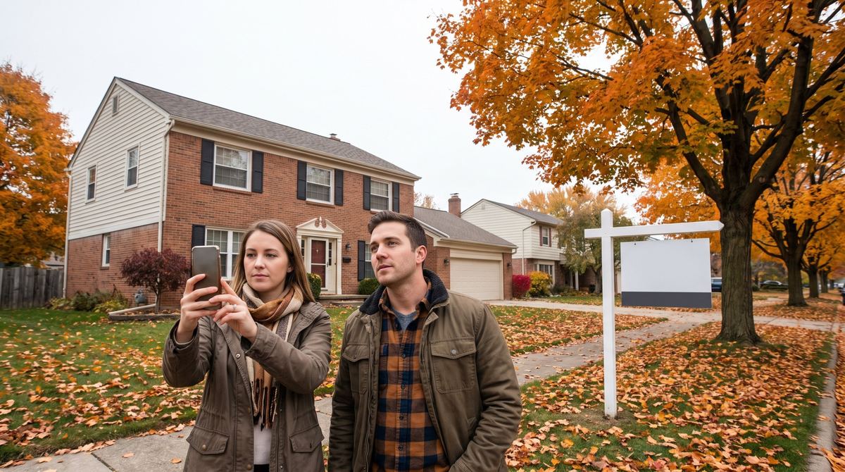 Young couple photographing a brick colonial home with a blank yard sign on a leaf-covered street in Oakland County, Michigan in autumn