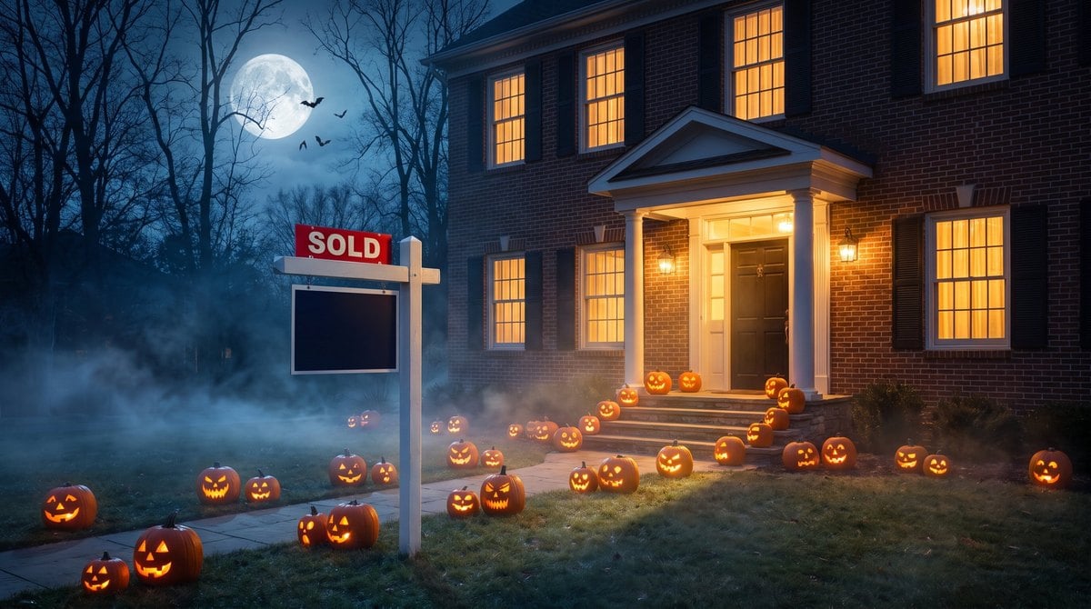 Brick colonial home in Oakland County, Michigan, on Halloween night with glowing jack-o'-lanterns, fog, a full moon and a SOLD sign in the yard
