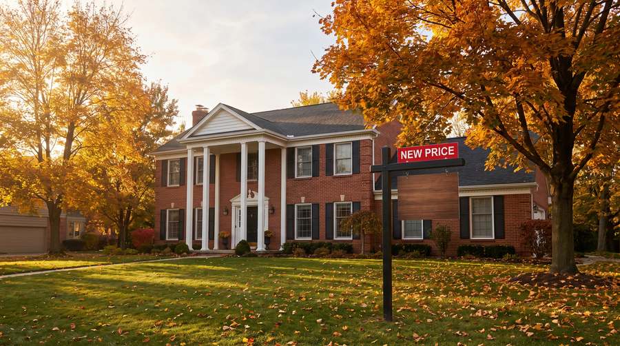 Brick colonial home with white columns and a new price sign in the yard in fall, illustrating Oakland County price reductions in 2026