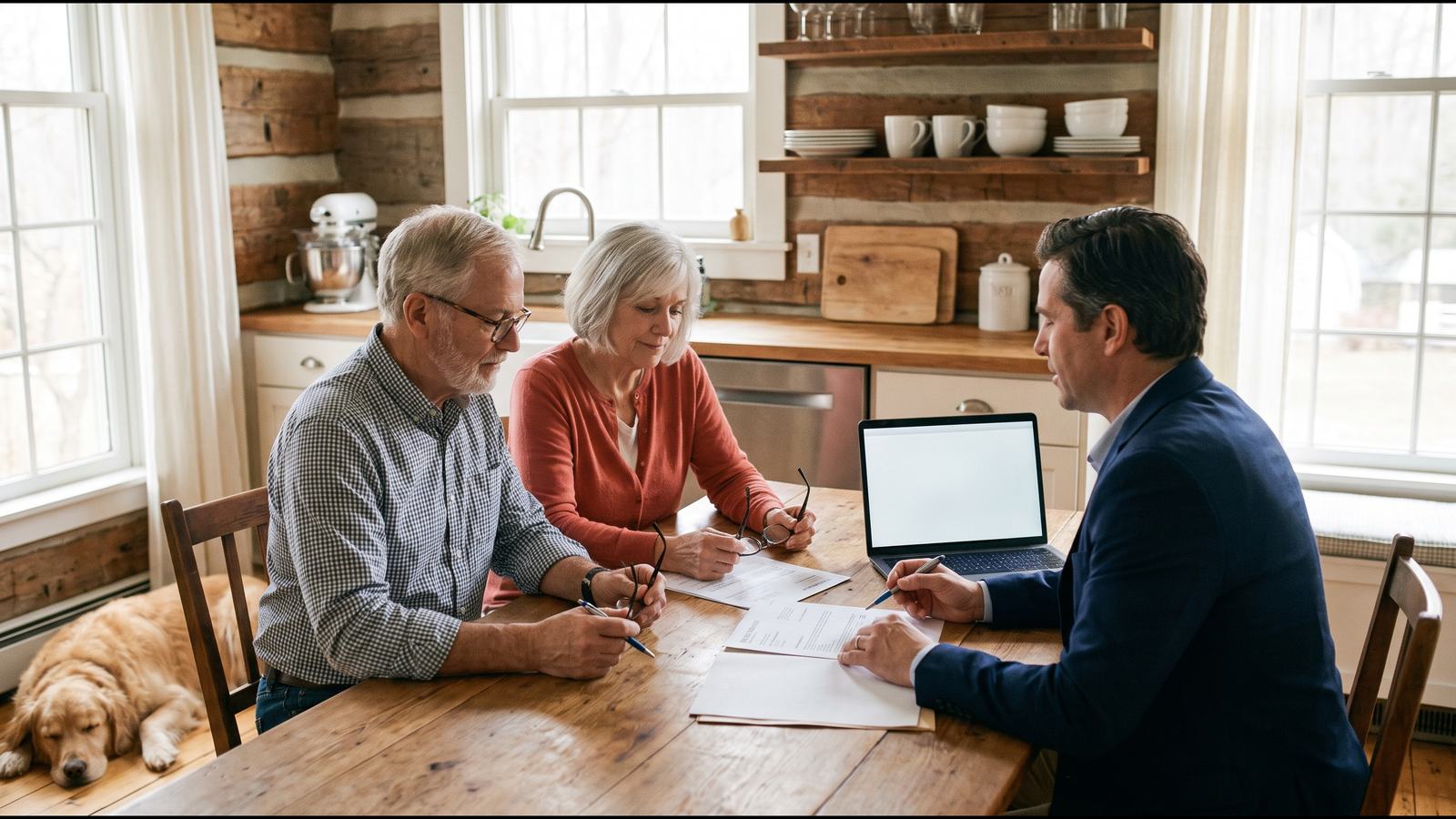 Couple reviewing a property tax statement with a real estate agent to plan for taxes before buying or selling in Oakland County