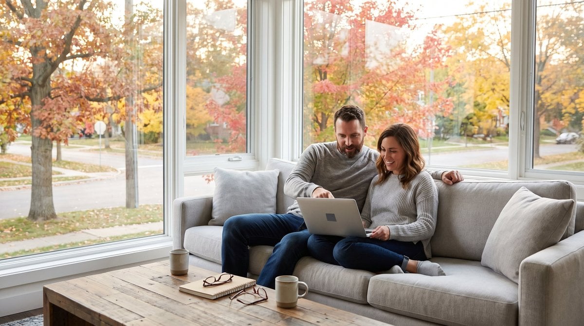 Couple researching questions about buying a home in Oakland County, Michigan on a laptop in their living room