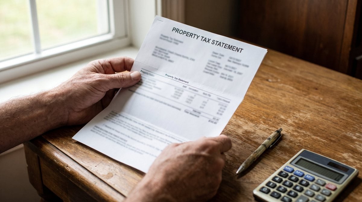 Homeowner holding a Michigan property tax statement at a desk with a calculator, checking the principal residence exemption percentage