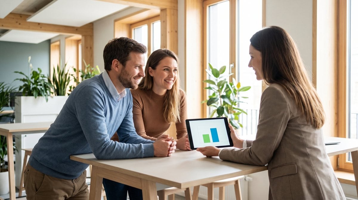 Smiling couple reviewing a payment comparison chart on a tablet with a loan officer to compare mortgage rate buydown options in Oakland County, Michigan