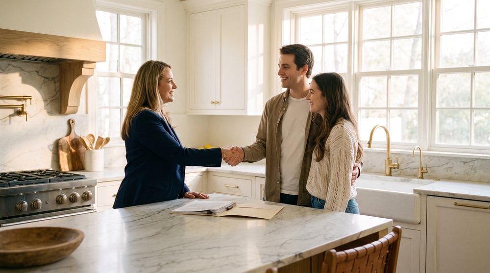 Real estate agent shaking hands with home buyers in a bright kitchen after negotiating a seller-paid rate buydown
