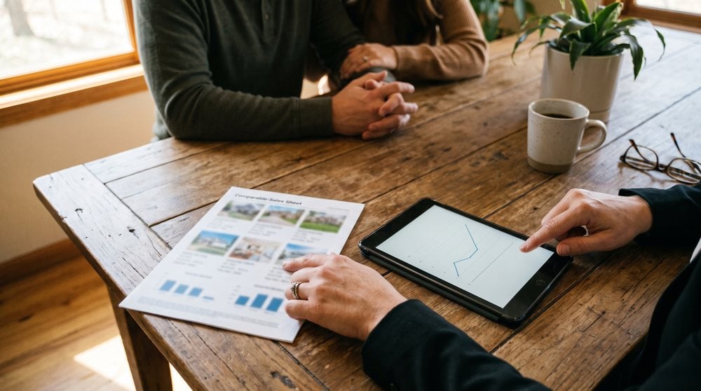 Real estate agent reviewing comparable sales with homeowners before deciding on a price change