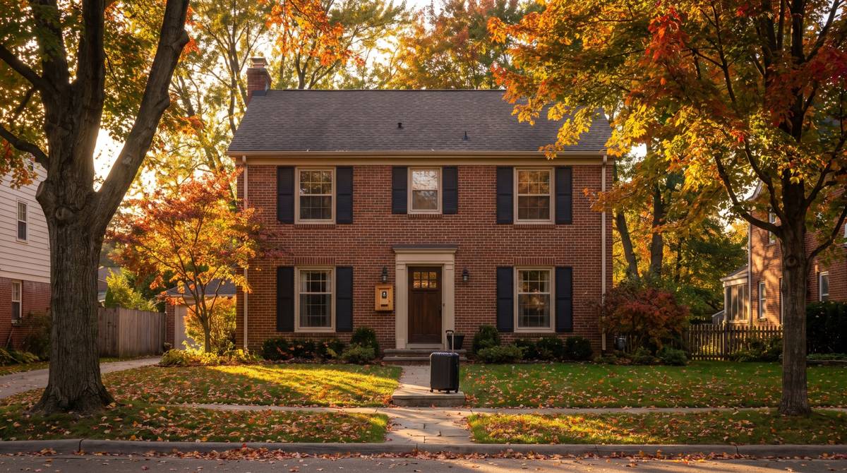 Brick home on a tree-lined Oakland County, Michigan street with a suitcase on the front walk, illustrating short-term rental rules after Birmingham’s 2026 ban