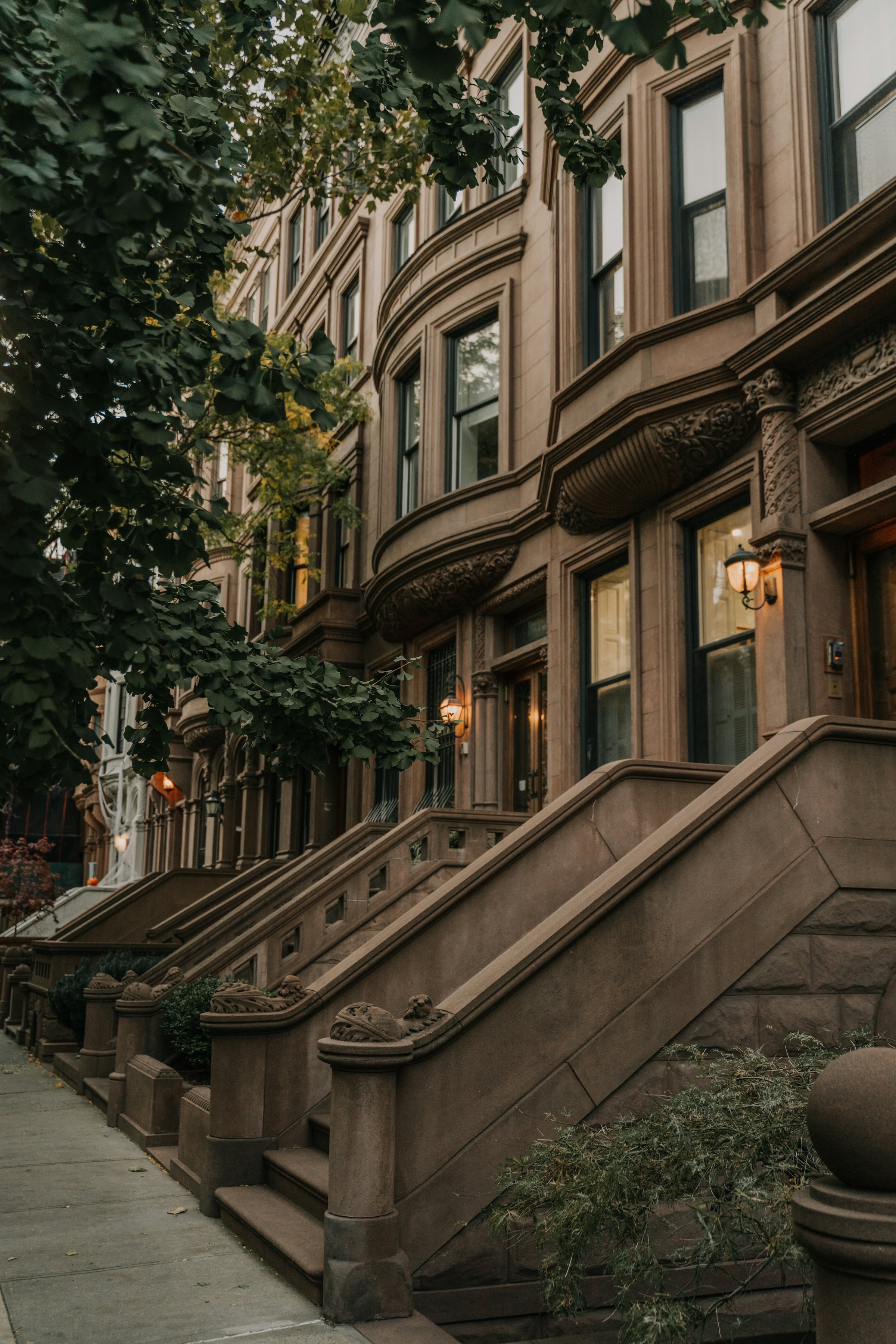 A row of brownstone townhouses with stone front steps and iron railings on a tree-shaded street