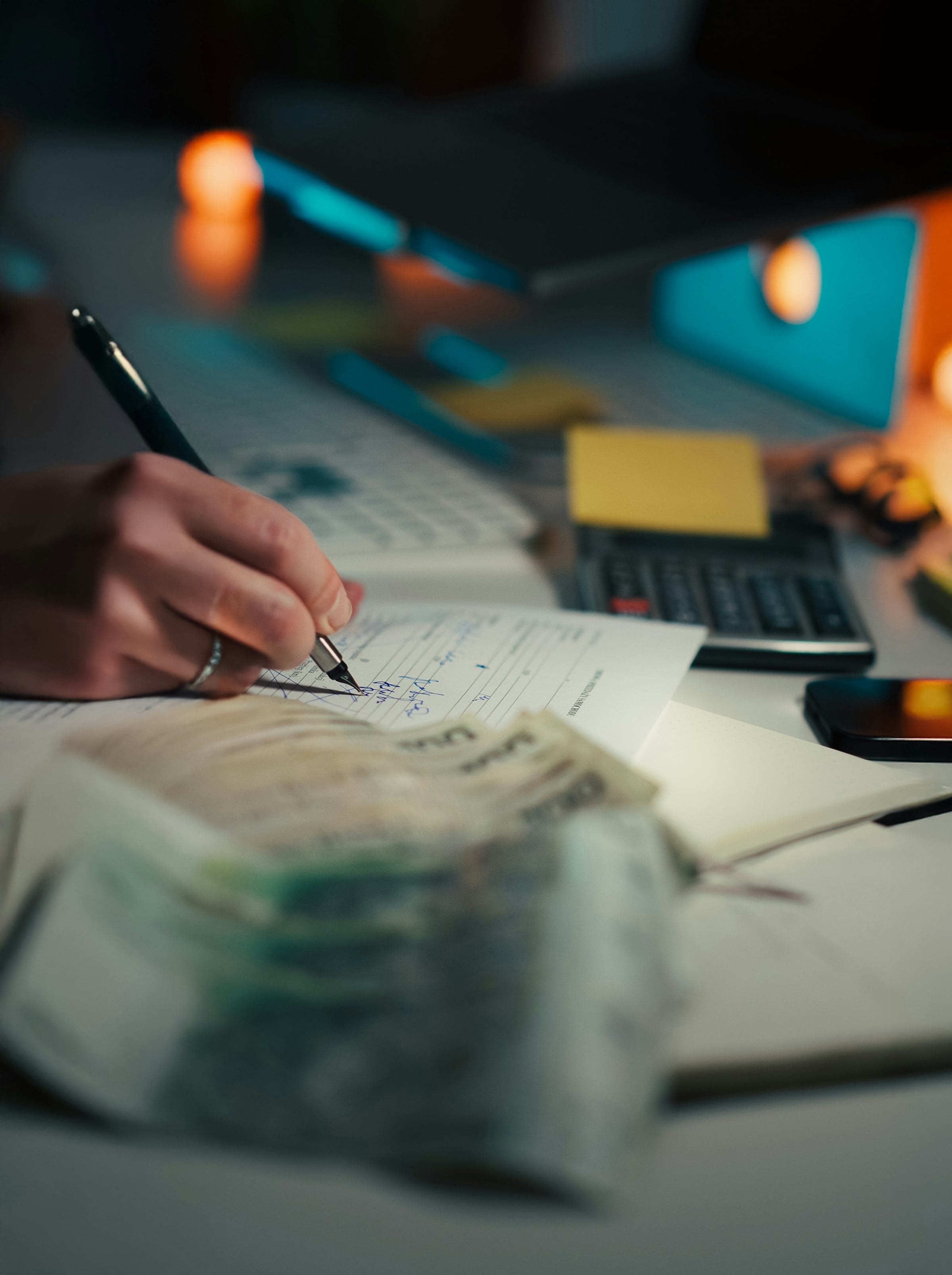 A hand writing in a notebook beside a calculator and banknotes