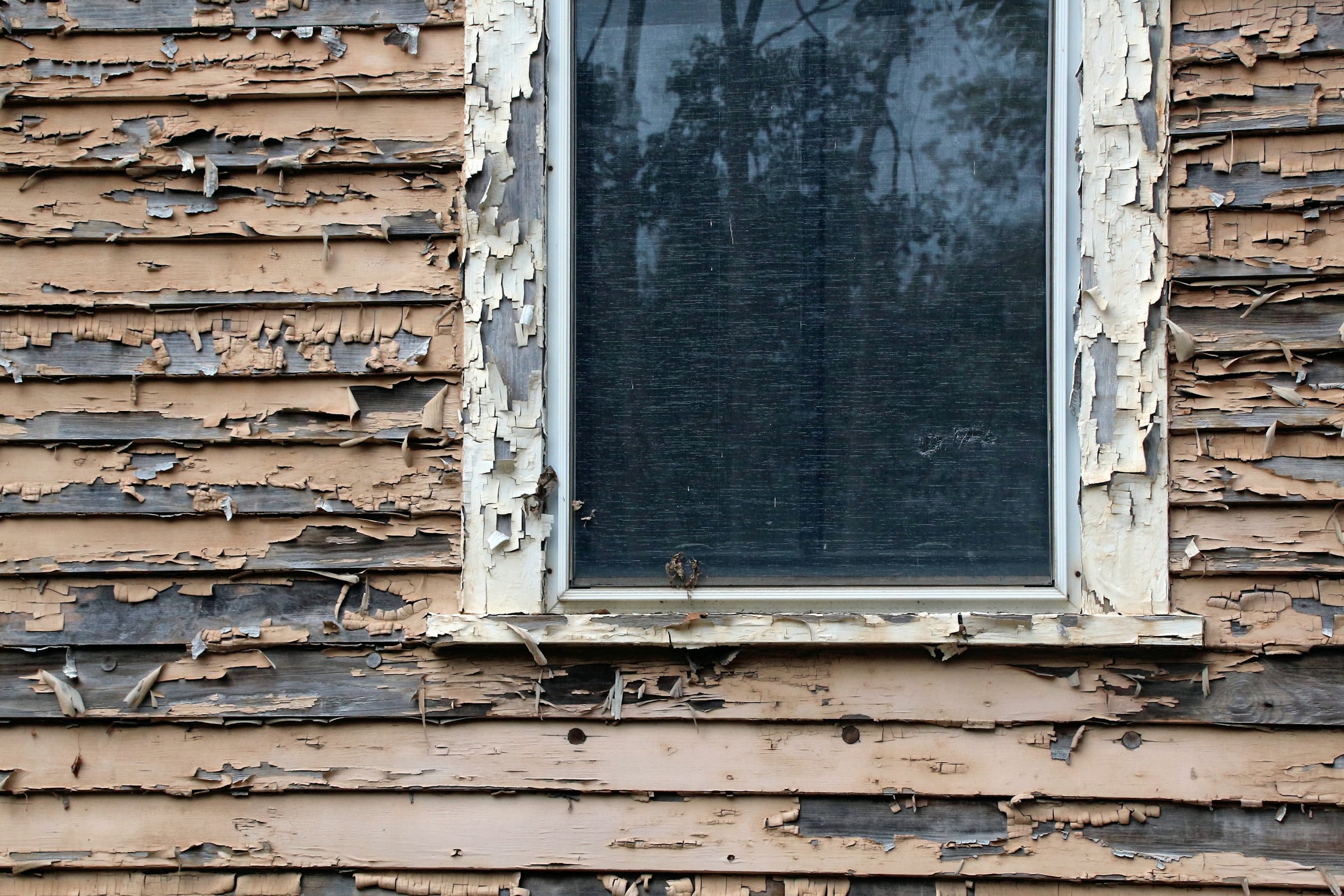 Heavily peeling paint on weathered wooden siding surrounding an old window frame