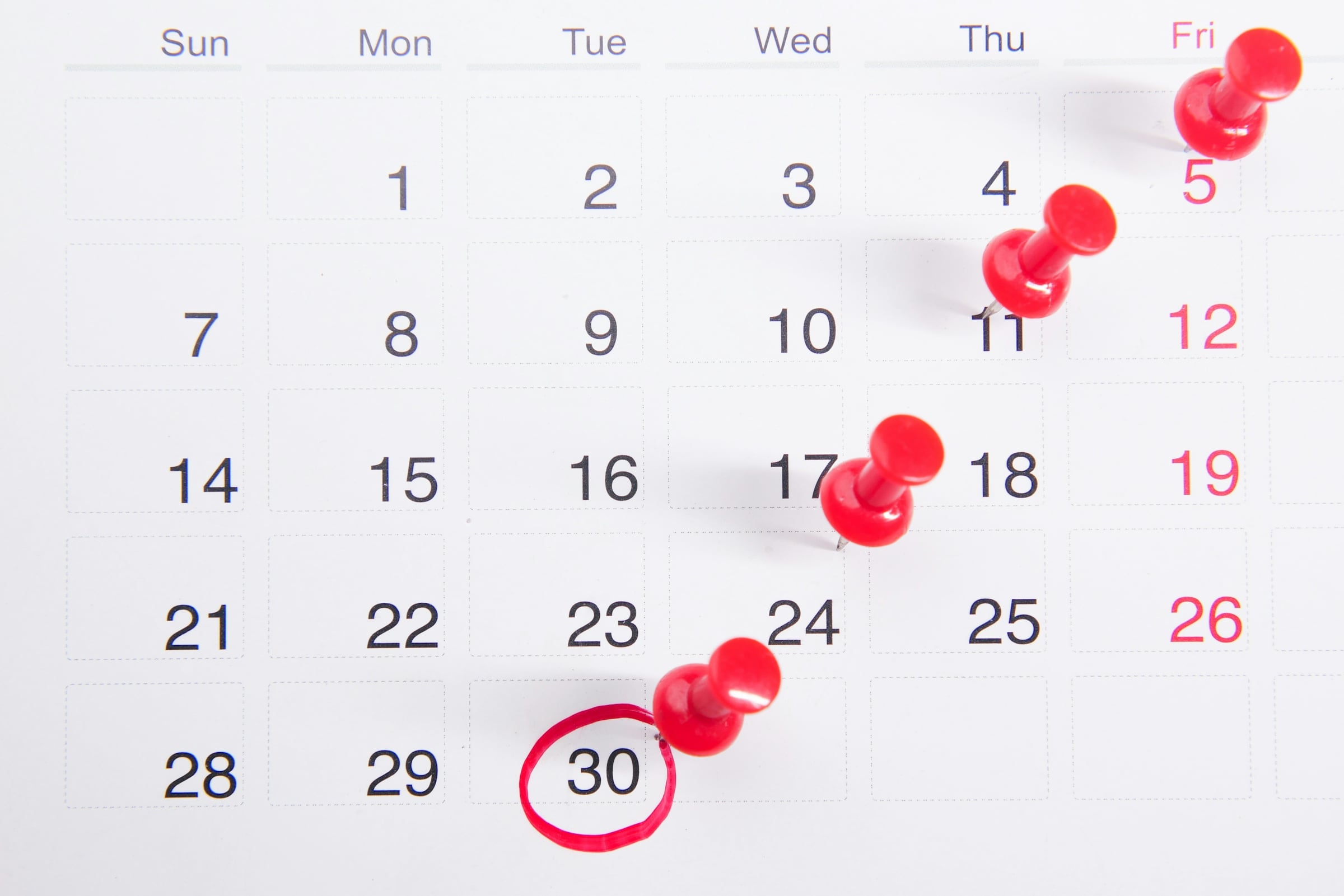 A wall calendar with red push pins marking dates across the month