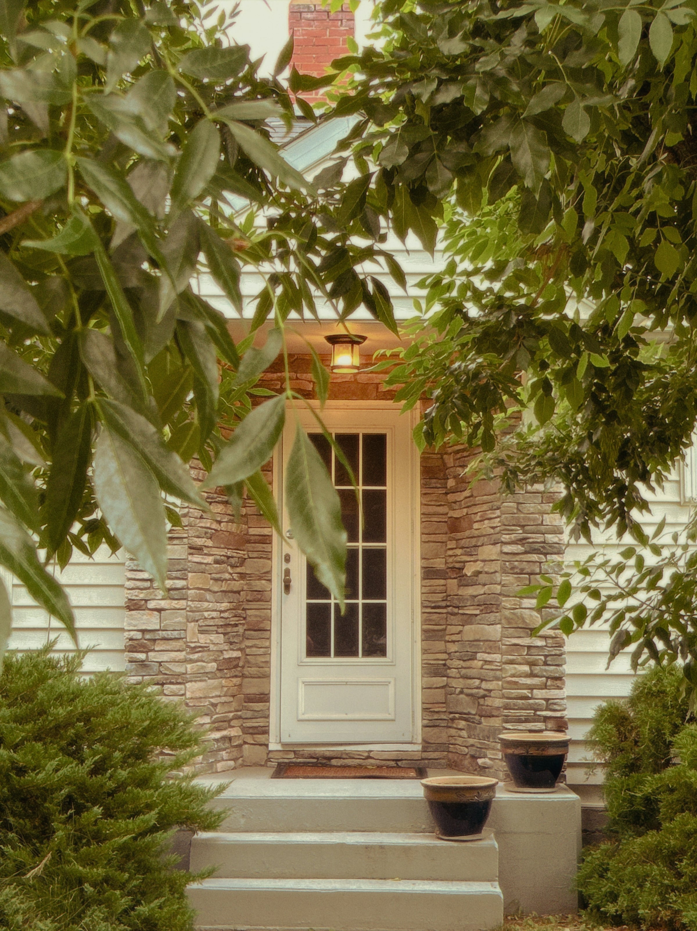 The corner of a white painted house with hanging foliage and a stone wall beneath the windows