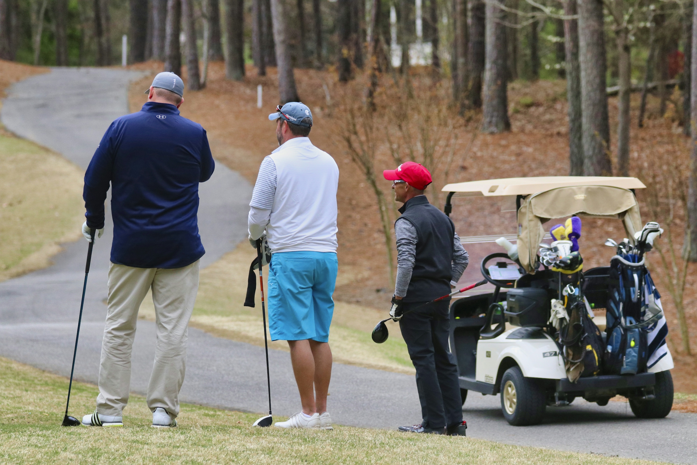 Three golfers standing beside a golf cart on a paved cart path lined with pine trees at a public golf course