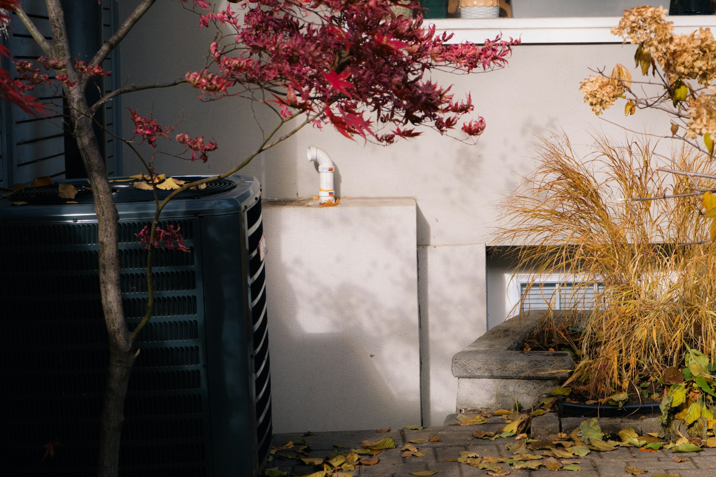 Black outdoor air conditioner condenser unit beside a house wall with a red-leaved Japanese maple