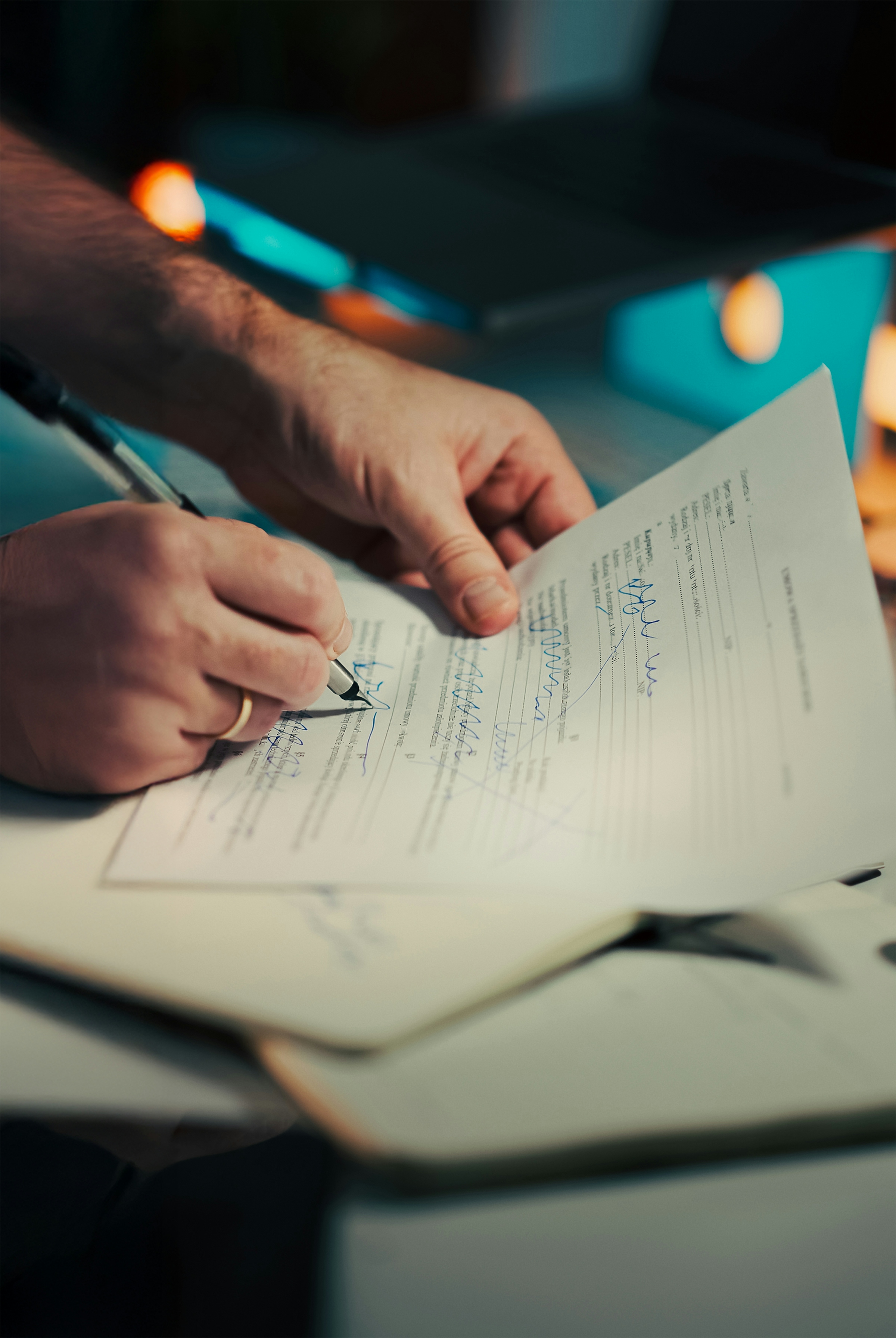 Man signing a document with a pen, representing the paperwork and taxes at a Virginia home sale closing