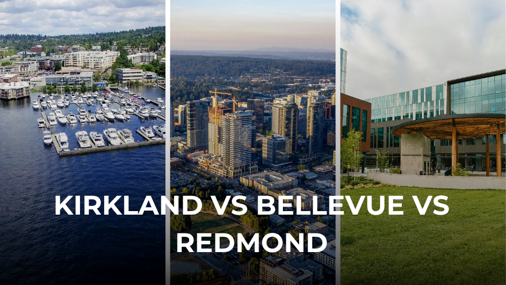 Map view of Bellevue, Kirkland, and Redmond on the Eastside of Lake Washington
