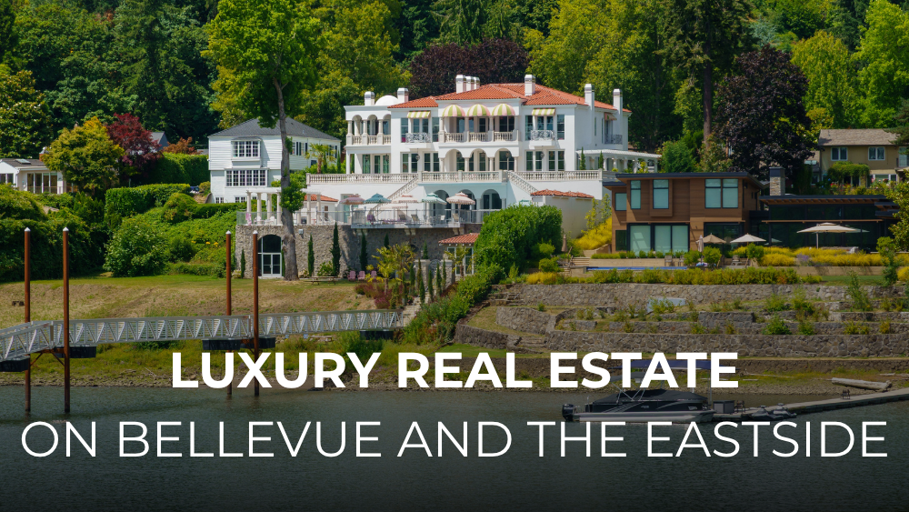 Luxury waterfront home on Lake Washington in Medina, Washington with Seattle skyline view