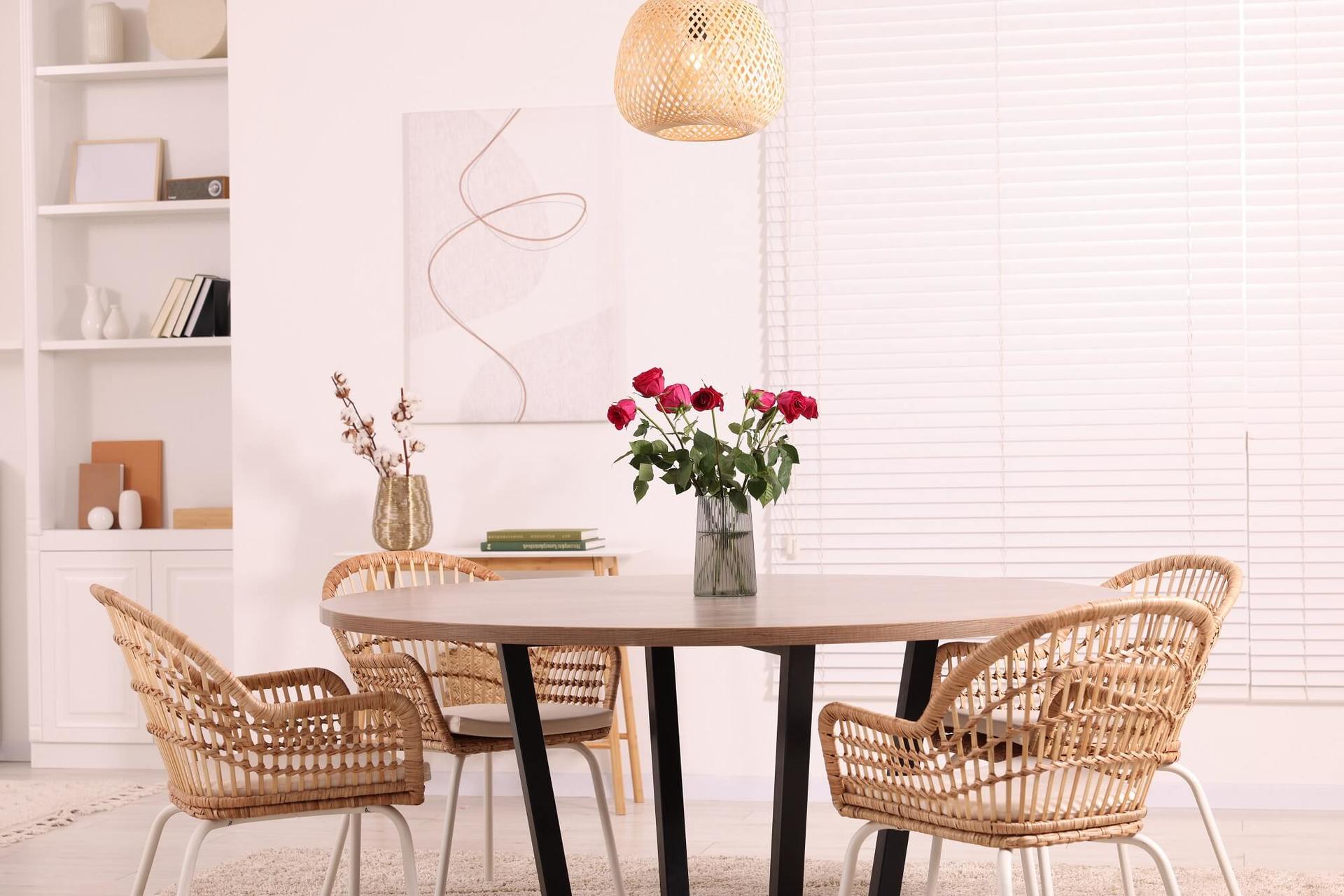 Chairs and table with vase of red rose flowers in dining room. Stylish interior