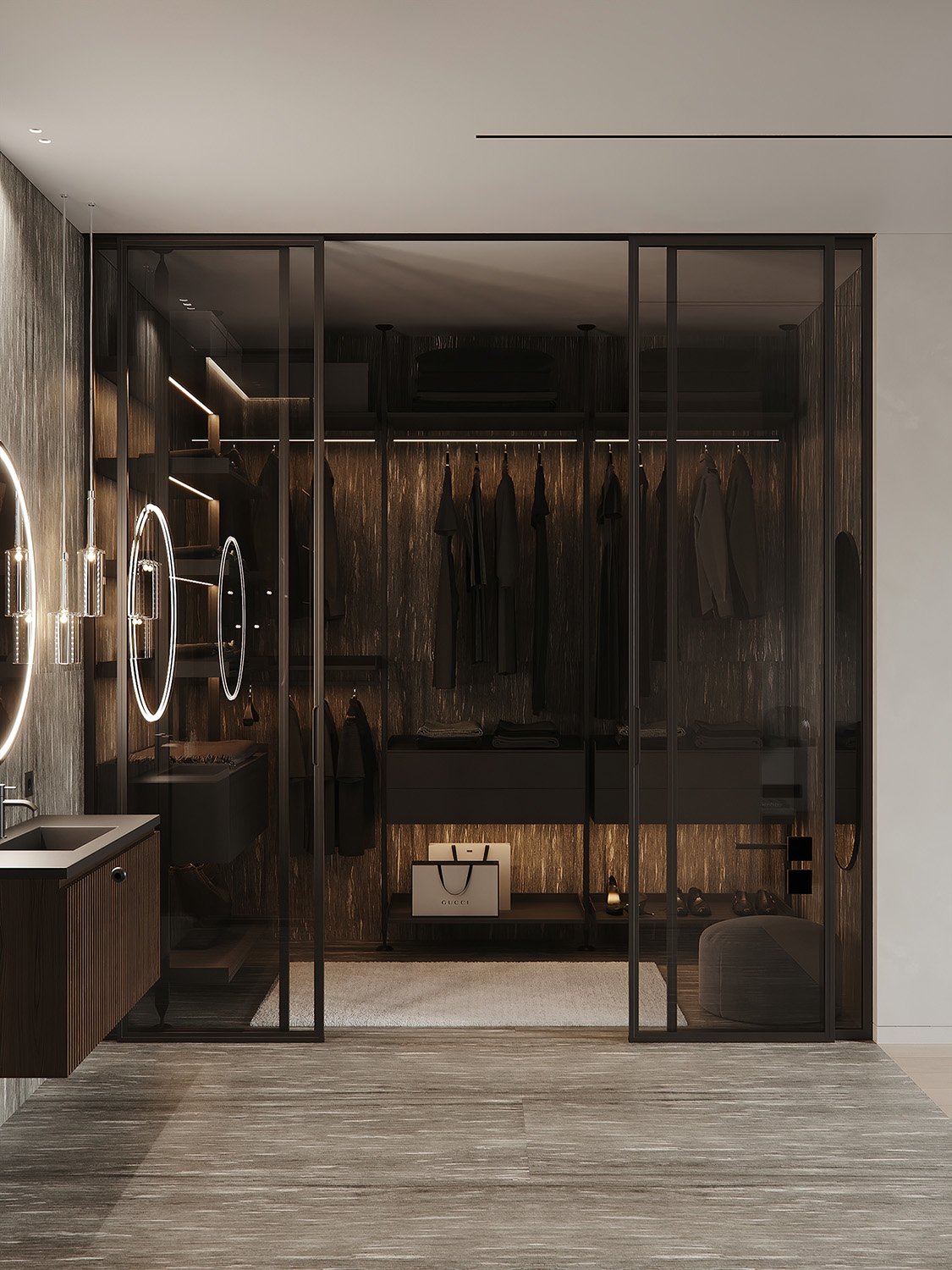 Wardrobe,With,Amber,Glass,Door,,Dressing,Table,,Stool,In,Gray