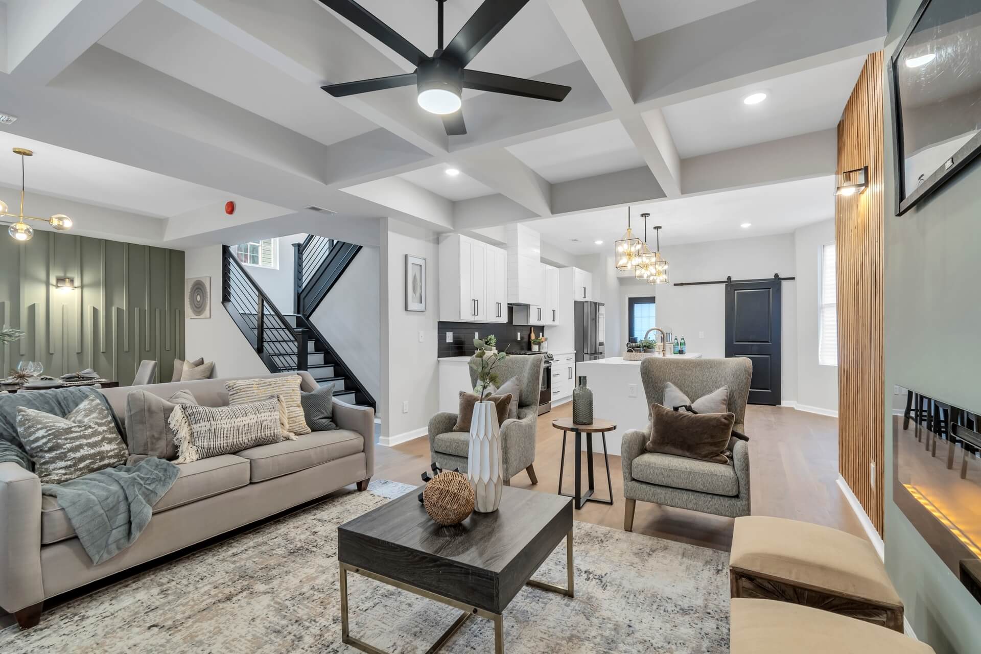 Spacious Living room Dinning room with accent walls and interior design