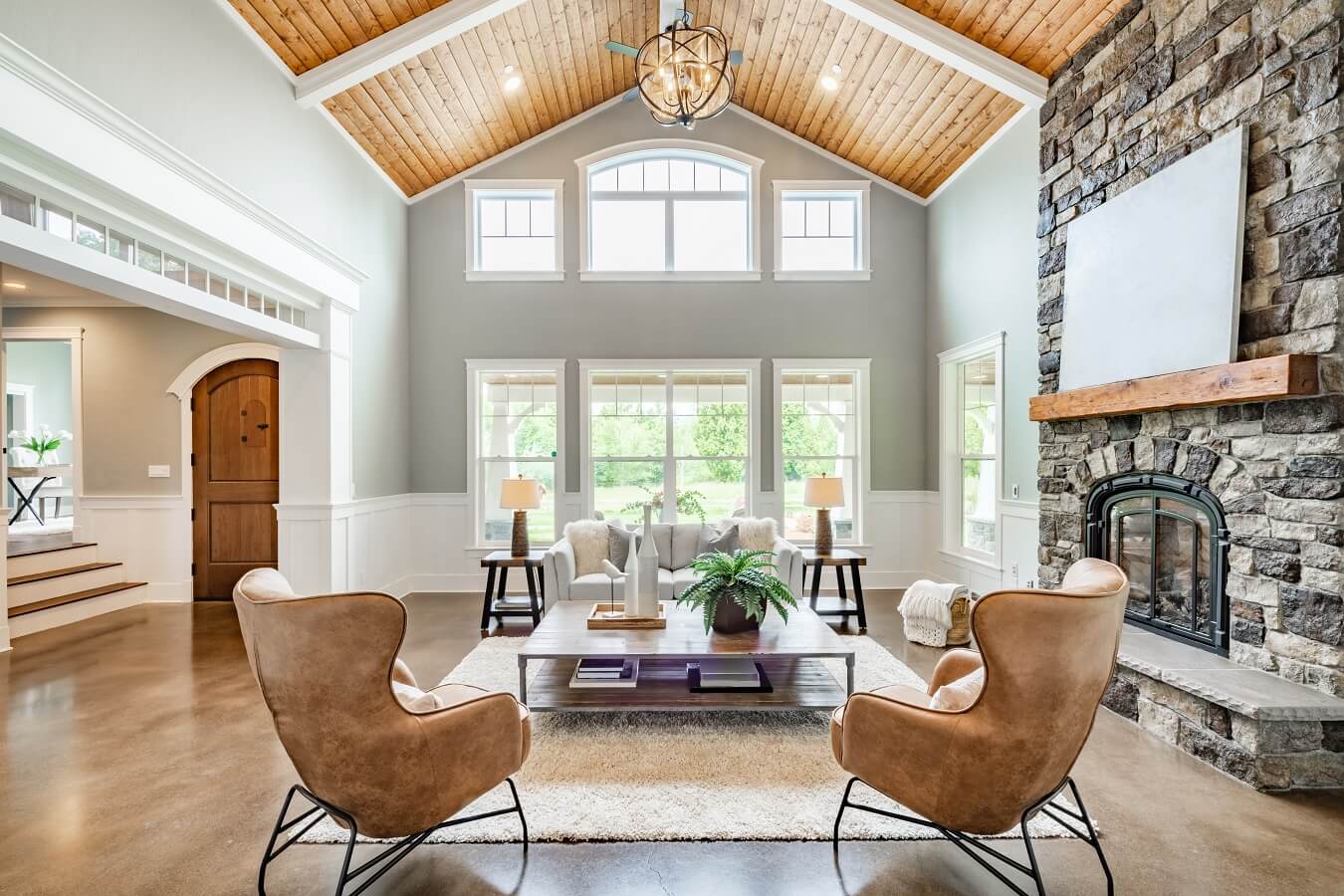 Living room interior with vaulted ceiling