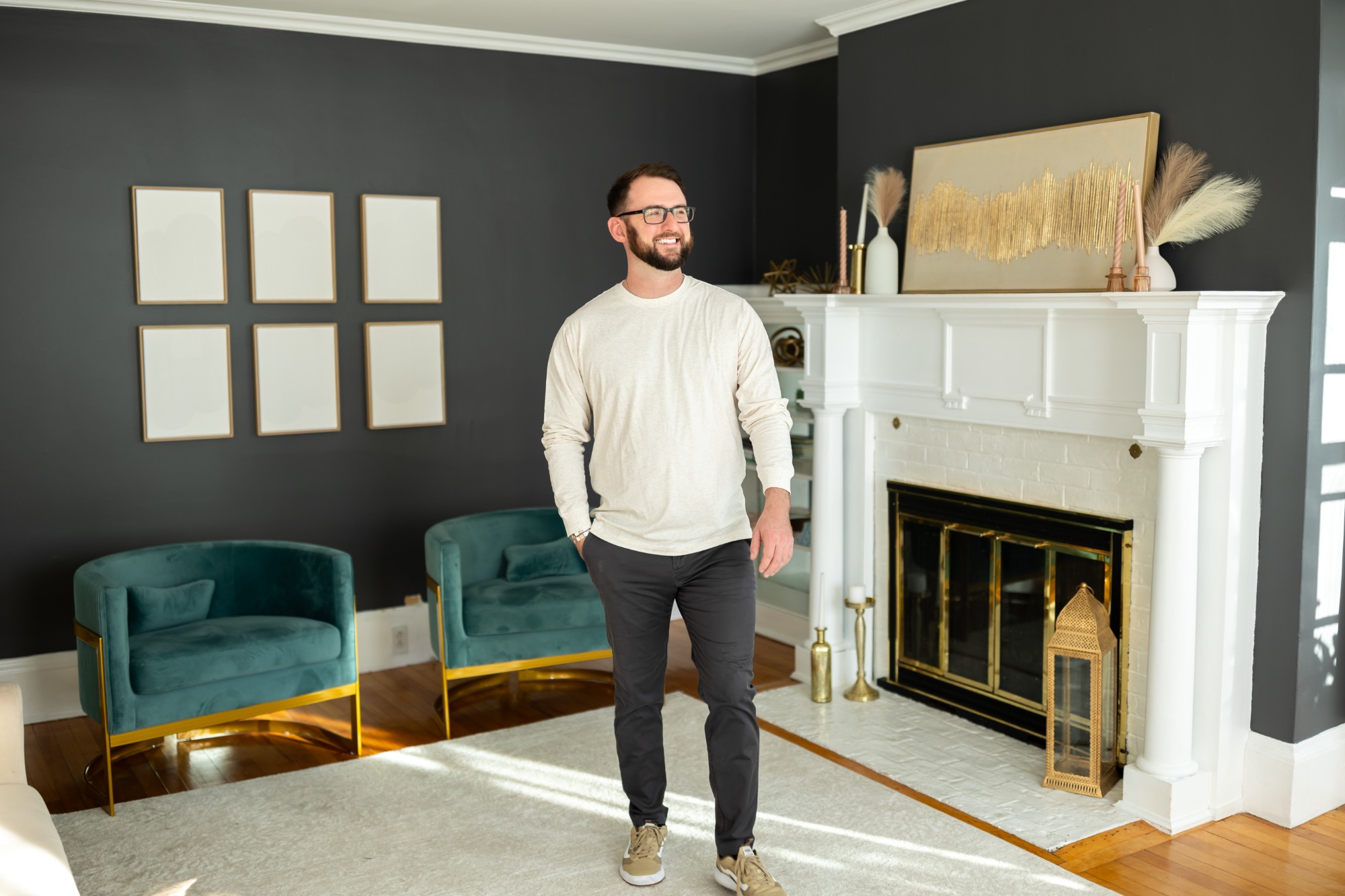 man smiling modern livingroom