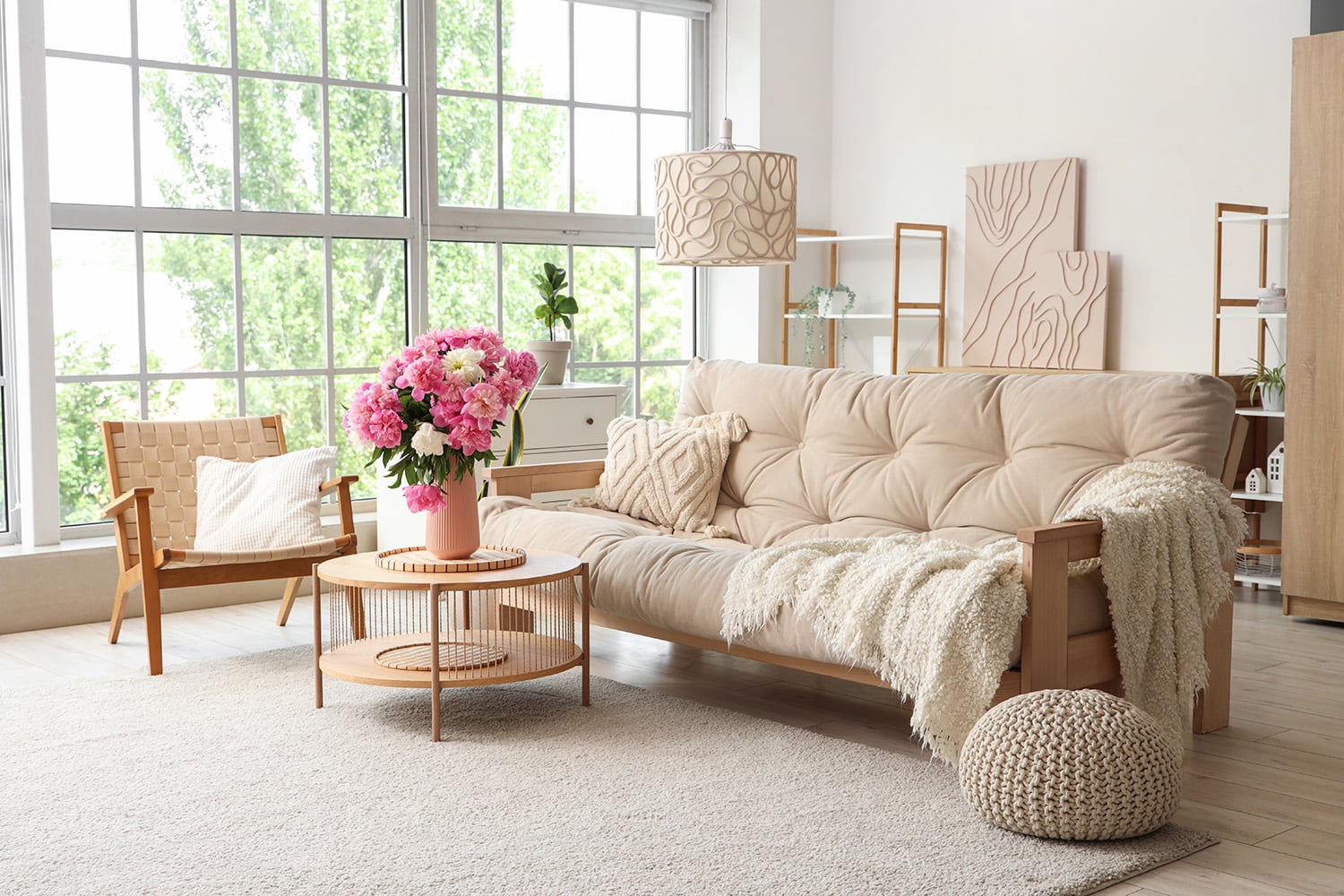 Armchair,,Sofa,And,Coffee,Table,With,Peonies,In,Interior,Of