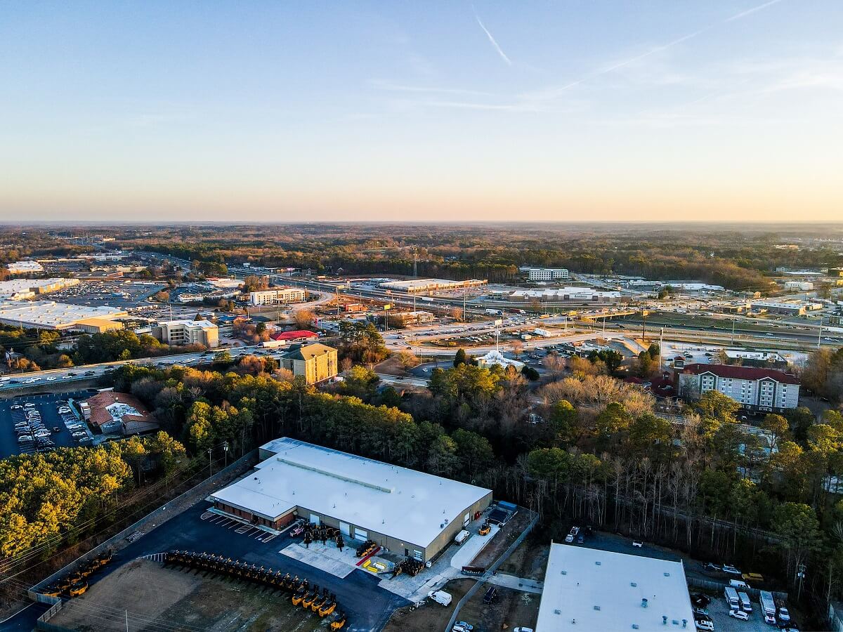 Aerial landscape suburb neighborhood after Hurricane Helene Conyers