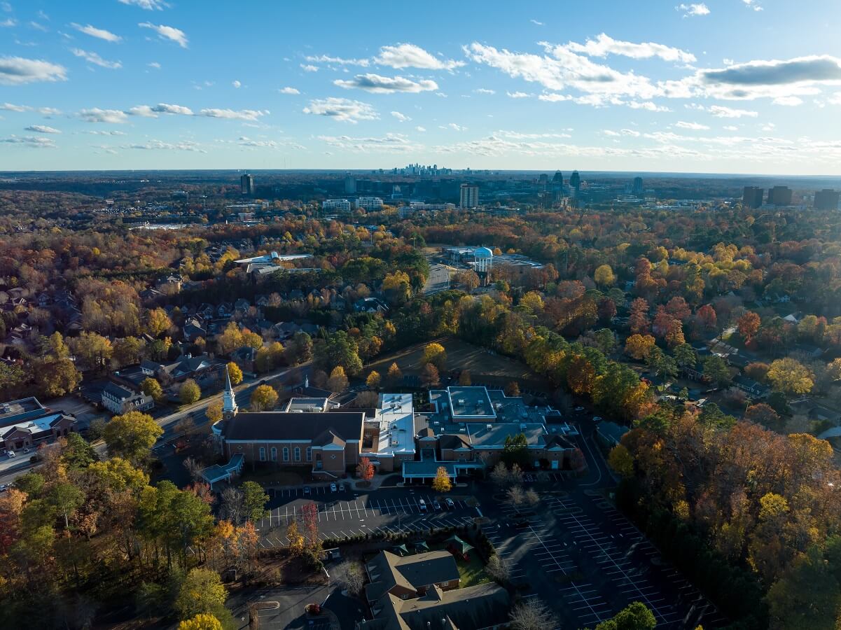 Aerial view of Atlanta buildings from Dunwoody during the fall