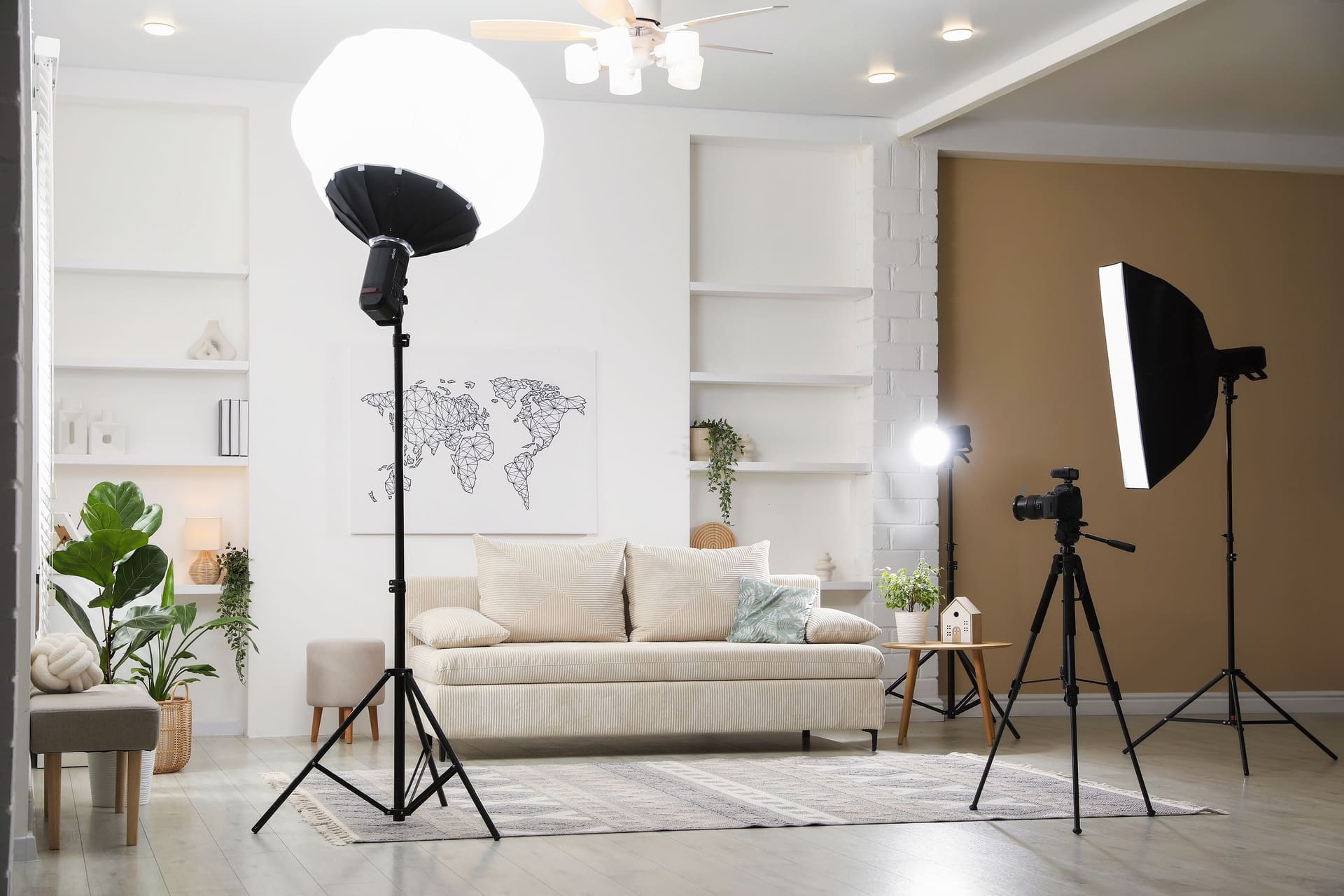 Real estate shooting. Professional photo studio equipment in living room