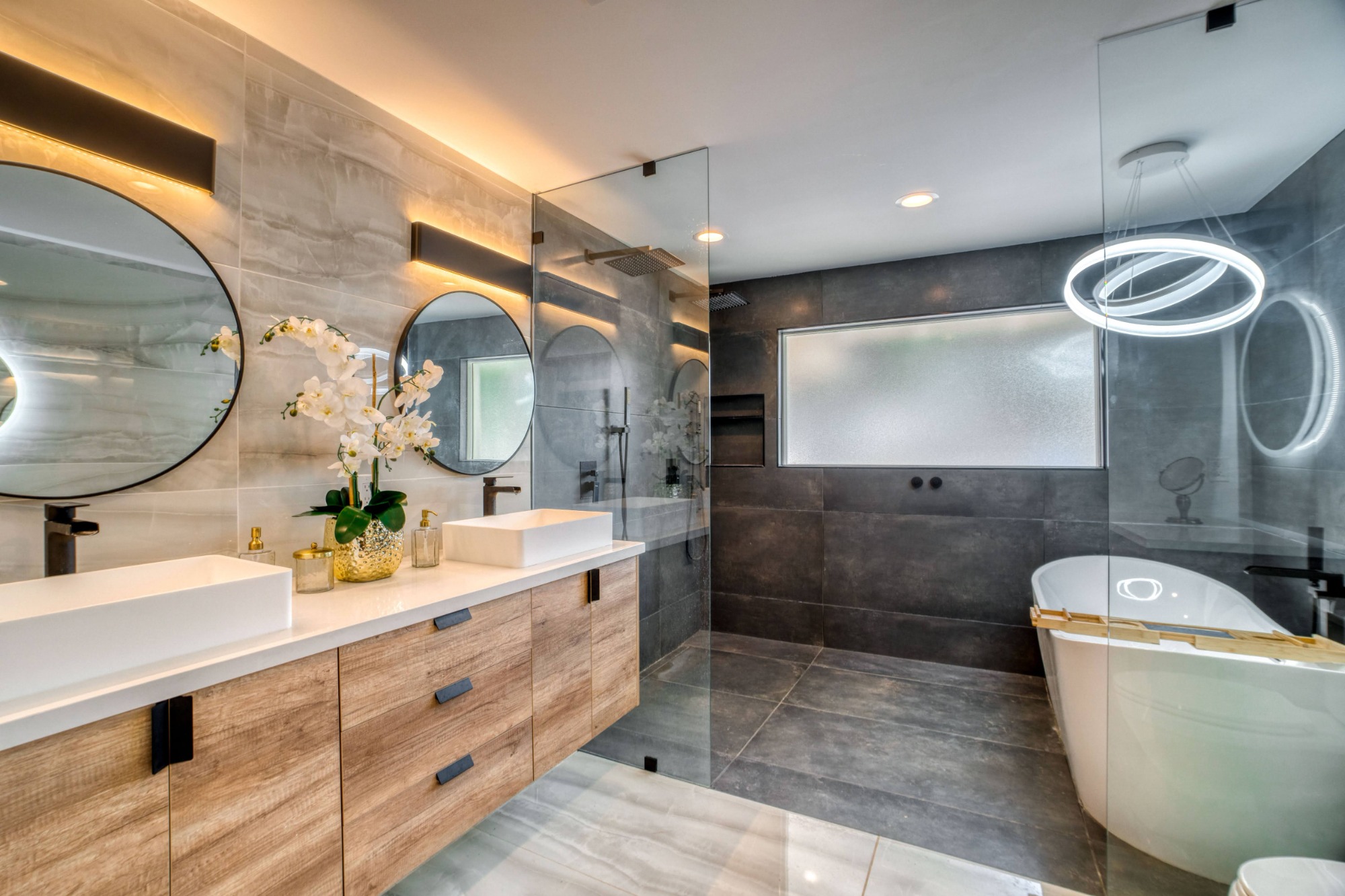 A interior view of a luxury bathroo