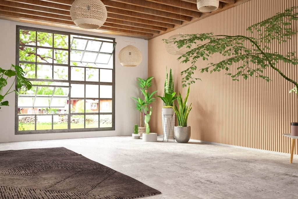 Unfurnished Cozy Bedroom with Wooden Wall and Window. 3d Render
