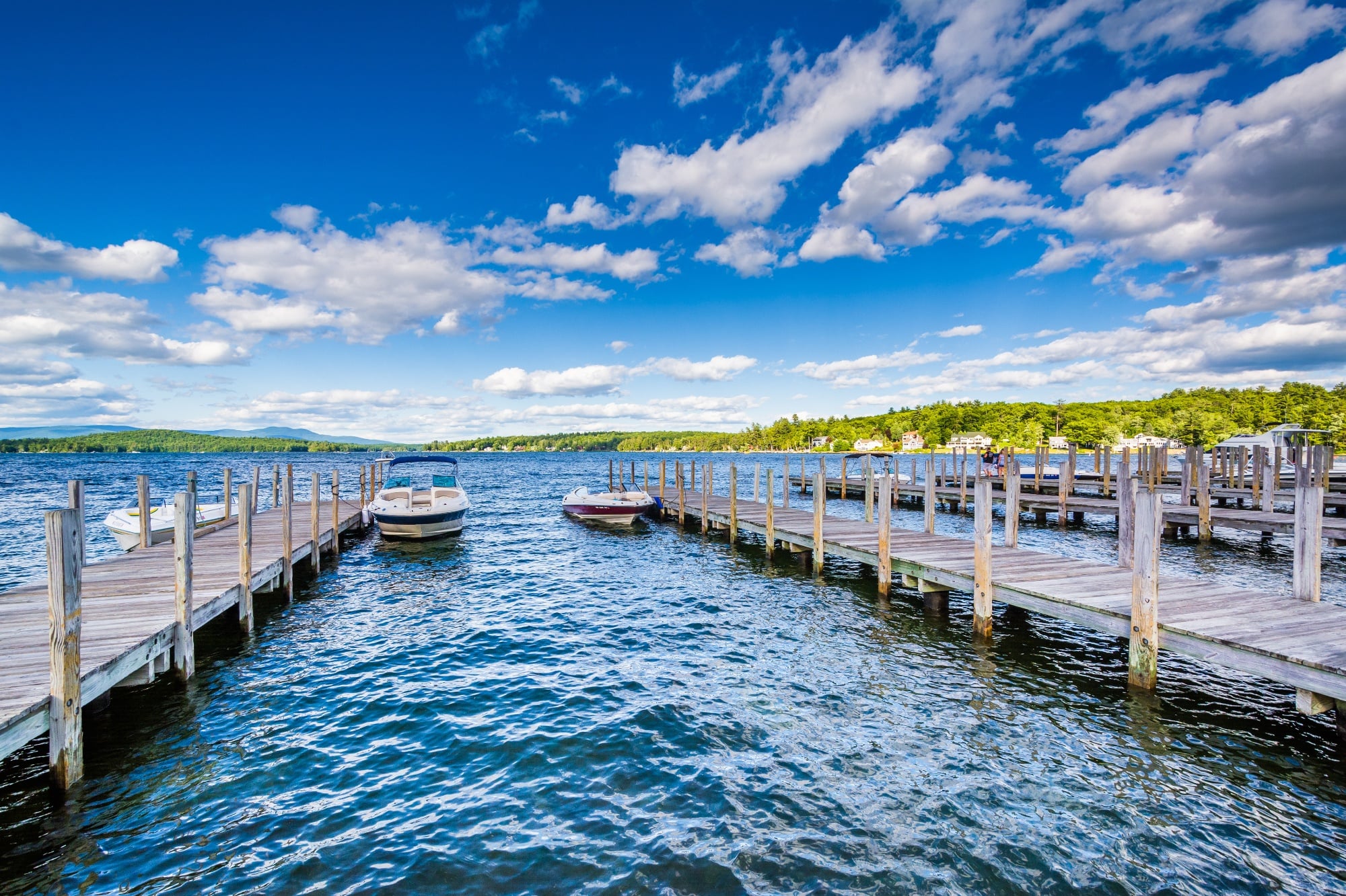 Docks on Lake Winnipesaukee in Weirs Beach, Laconia, New Hampshire.