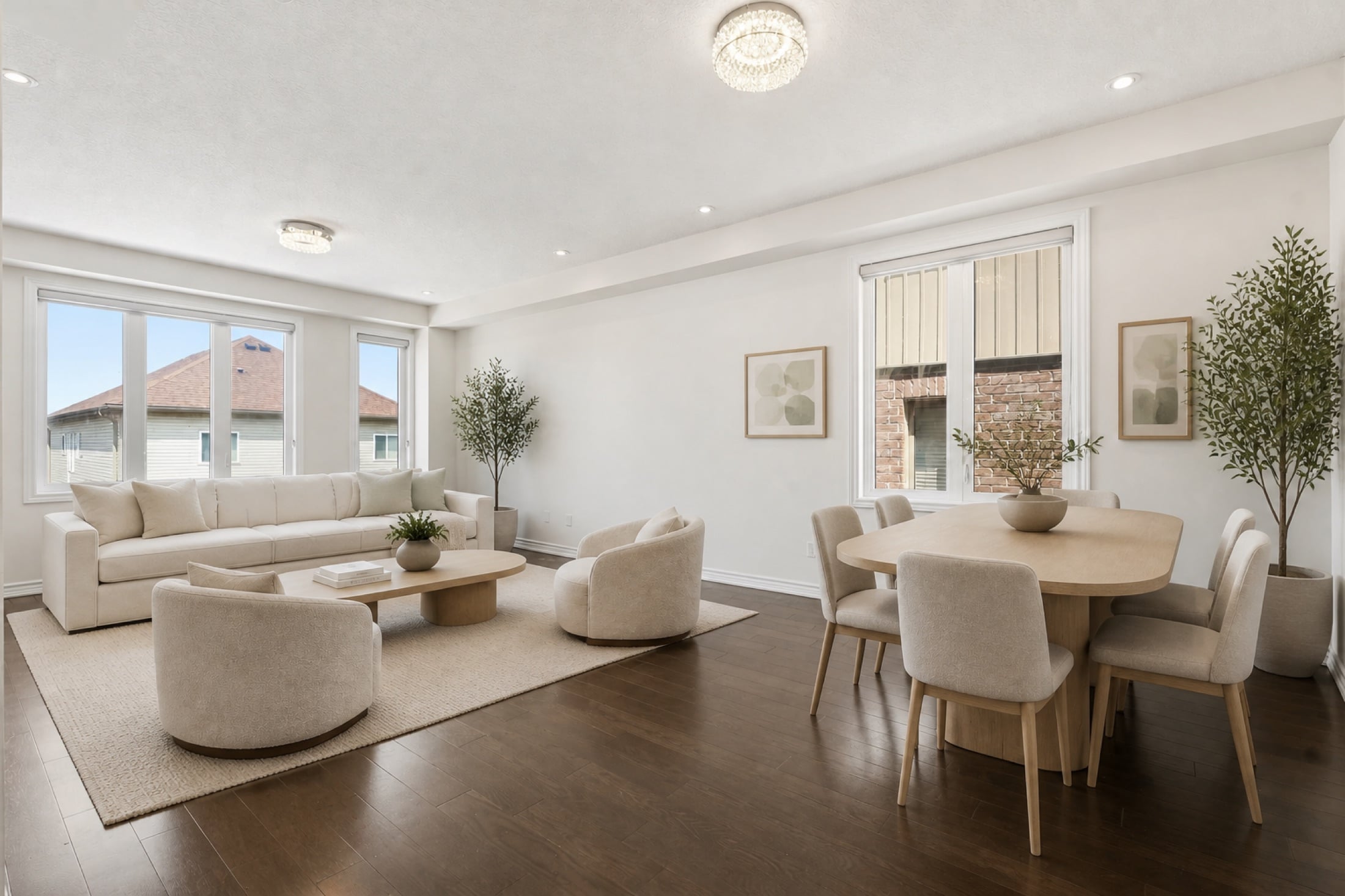 Virtually staged open living and dining room with dark hardwood floors