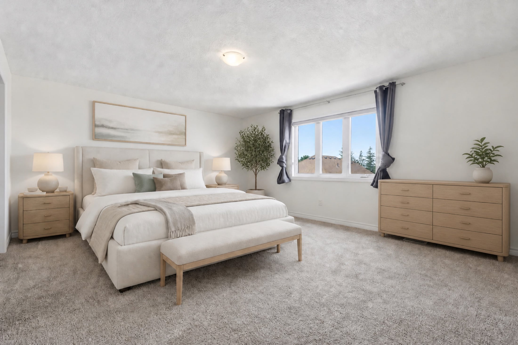 Virtually staged bright primary bedroom