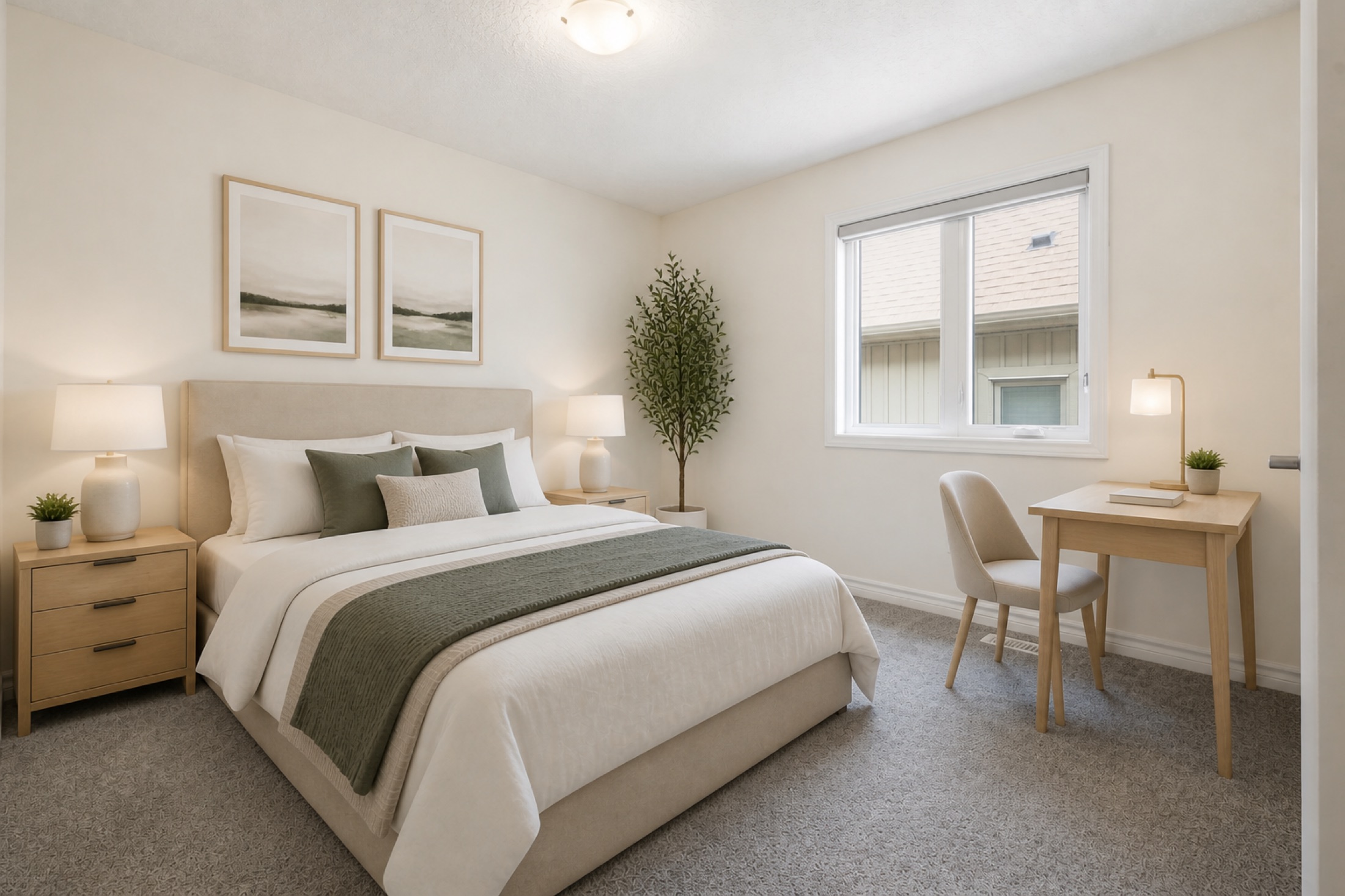 Virtually staged secondary bedroom with desk