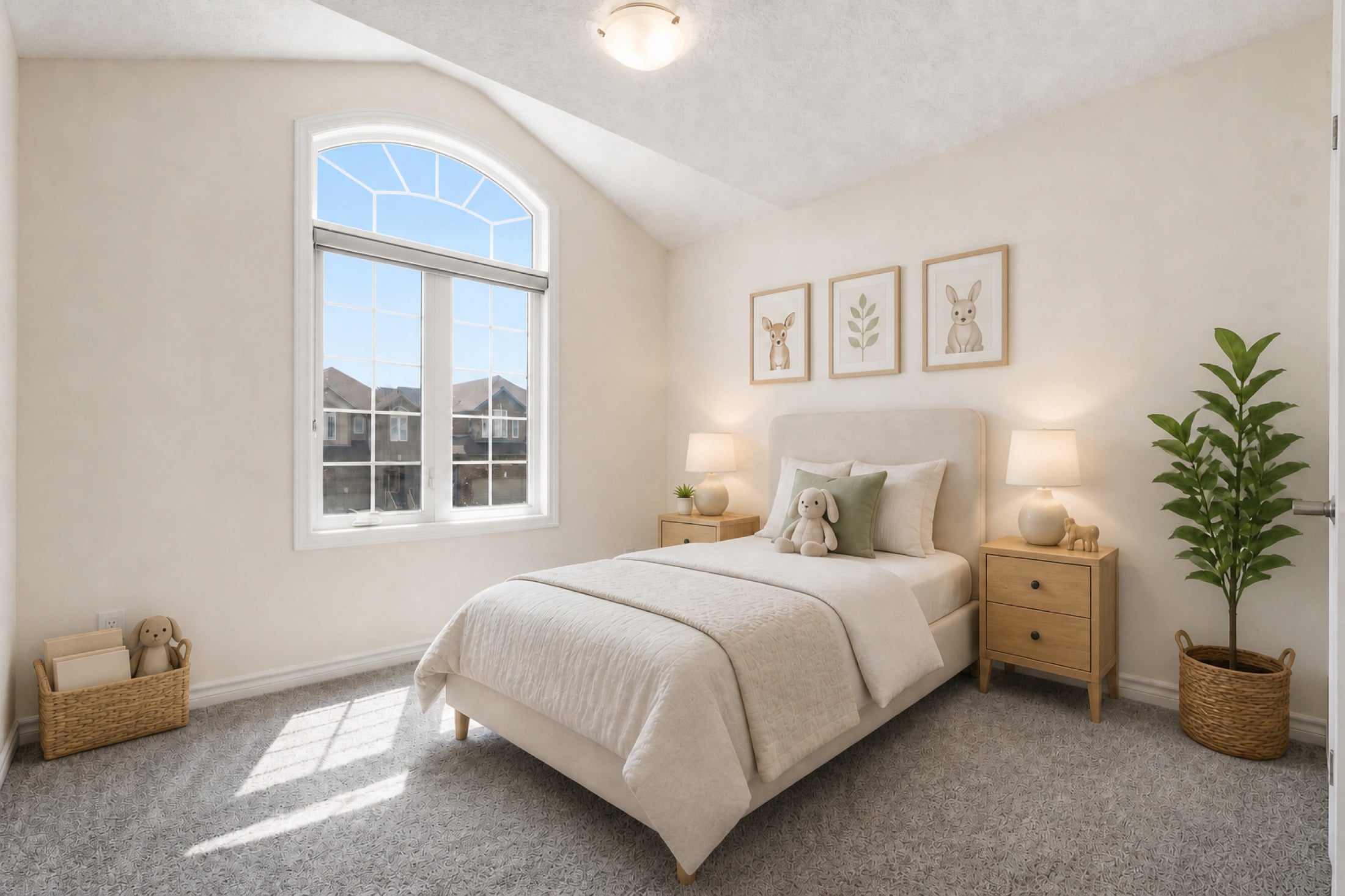 Virtually staged bedroom with arched window